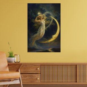 Woman Flying By A Crescent Moon Face Poster