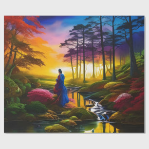 Woman gathering flowers by the stream wrapping paper