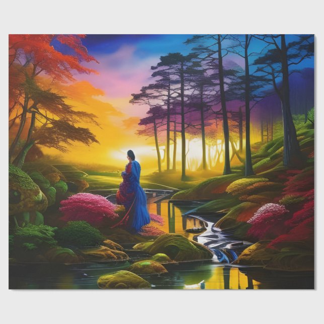Woman gathering flowers by the stream wrapping paper (Flat)