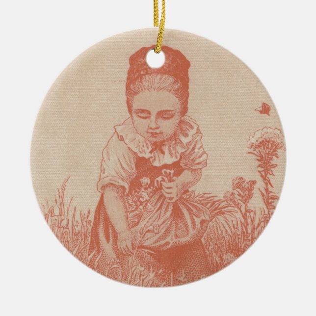 Woman Gathering Flowers Ephemera Ceramic Tree Decoration (Front)