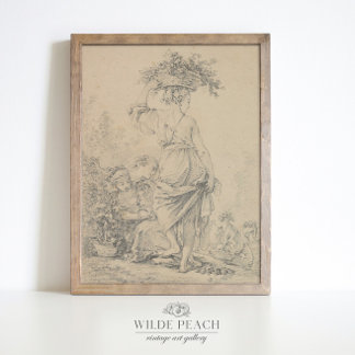 Woman gathering flowers vintage sketch,  poster