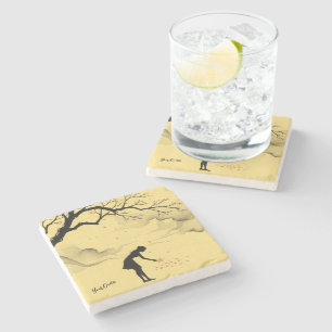 Woman Gathering Petals Minimalist Silhouette Stone Coaster