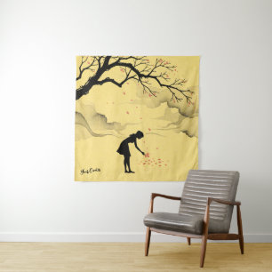 Woman Gathering Petals Minimalist Silhouette Tapestry