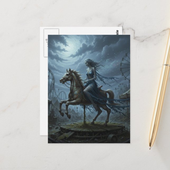 Woman Ghost on Abandoned Carousel Postcard (Front/Back In Situ)