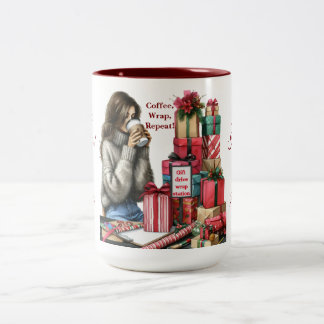 Woman, Gift Wrapping & Sipping Coffee Two-Tone Coffee Mug