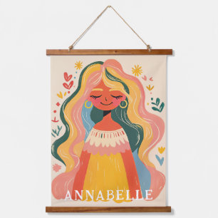 Woman Girl Boho Floral Illustration First Name Hanging Tapestry