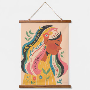 Woman Girl Cute Boho Floral Illustration Hanging Tapestry