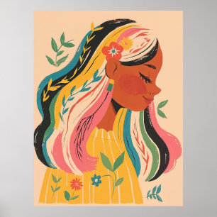 Woman Girl Cute Boho Floral Illustration Poster