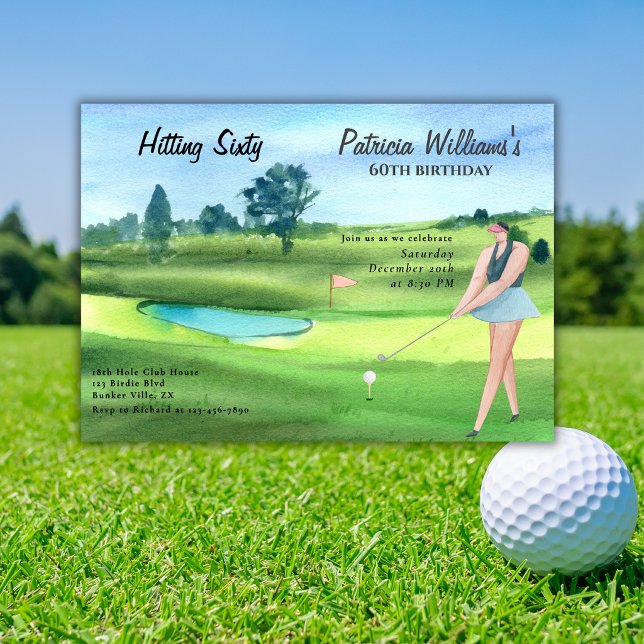 Woman Golf Player Hitting Sixty 60th Birthday Invitation (Creator Uploaded)