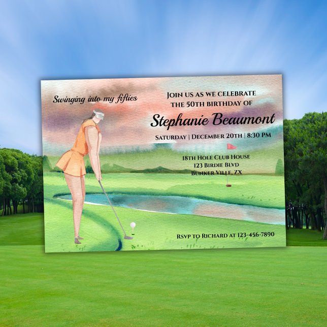 Woman Golf Player Swinging Fifties 50th Birthday Invitation (Creator Uploaded)