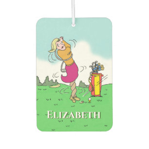 Woman golfer in a twist. Personalize. Car Air Freshener
