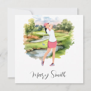 Woman Golfer is golfing on golf course watercolor Holiday Card