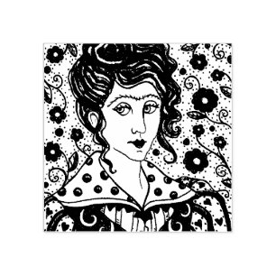 WOMAN, GOTHIC PORTRAIT, FOLK ART, FLOWERS & VINES RUBBER STAMP