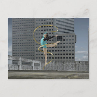 Woman gymnast outdoors on rooftop jumping in air postcard
