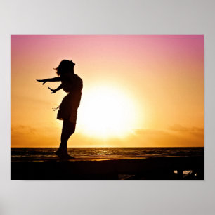 Woman Happiness At Beach Sunset Poster