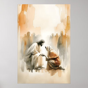Woman Healed By Jesus, Biblical Miracle Watercolor Poster