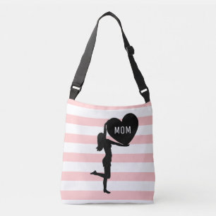 Woman & heart black silhouette on pink & white crossbody bag
