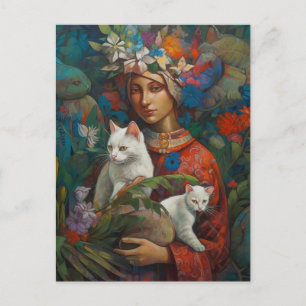 Woman Holding 2 White Cats Tropical Forest Postcard