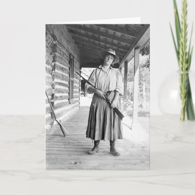 Woman holding a rifle on a porch card (Front)