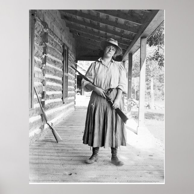 Woman holding a rifle on a porch poster (Front)