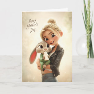 Woman Holding Baby Bunny in Green Mother's Day Card