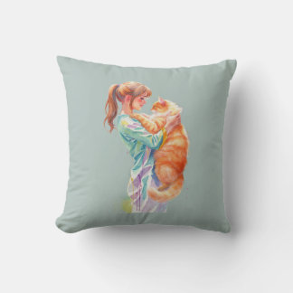 Woman Holding Fluffy Orange Maine Coon Cat Cushion