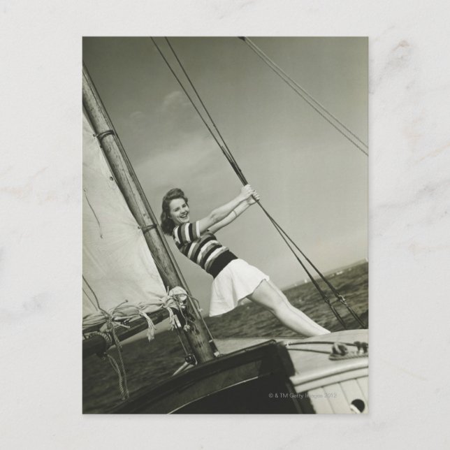 Woman Holding Rigging on Yacht Postcard (Front)