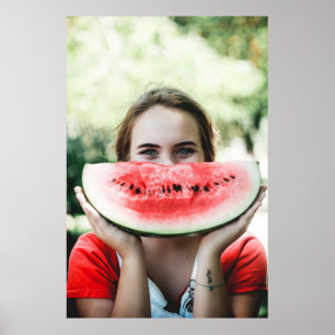 Woman holding sliced watermelon poster