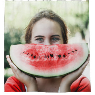 Woman holding sliced watermelon shower curtain