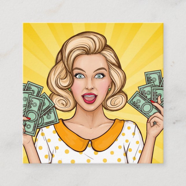 Woman holds money square business card (Front)
