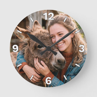 Woman Hugging Donkey Farm Country Rustic Decor Round Clock