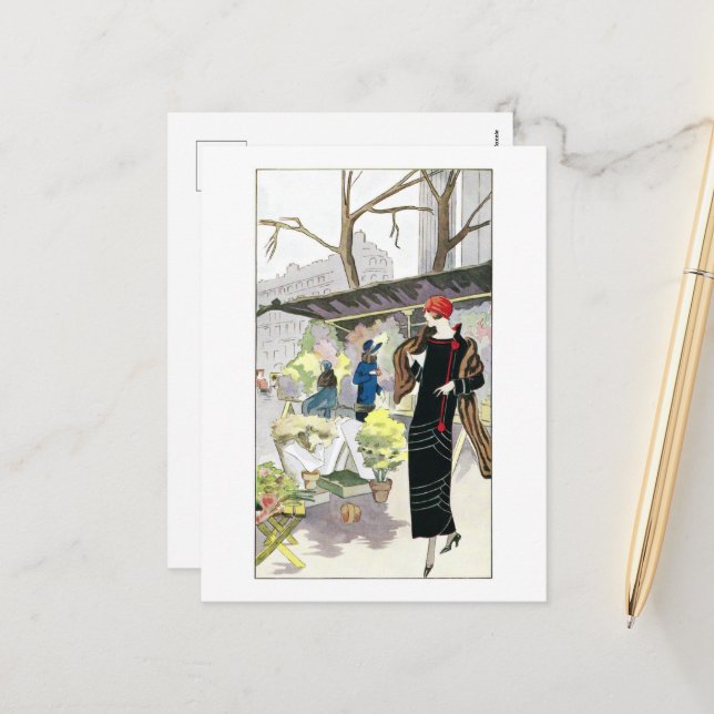 Woman in a black velvet business dress (1924)  holiday postcard (Front/Back In Situ)