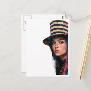 Woman in a Colorful Tophat Mixed Media Collage Postcard