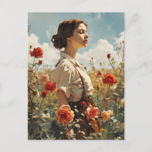 Woman in a field of roses Vintage Postcard