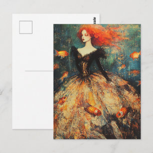 Woman in a Fish Scale Dress Fashion With Goldfish Postcard