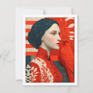 Woman in a flowered red floral dress & a red bird