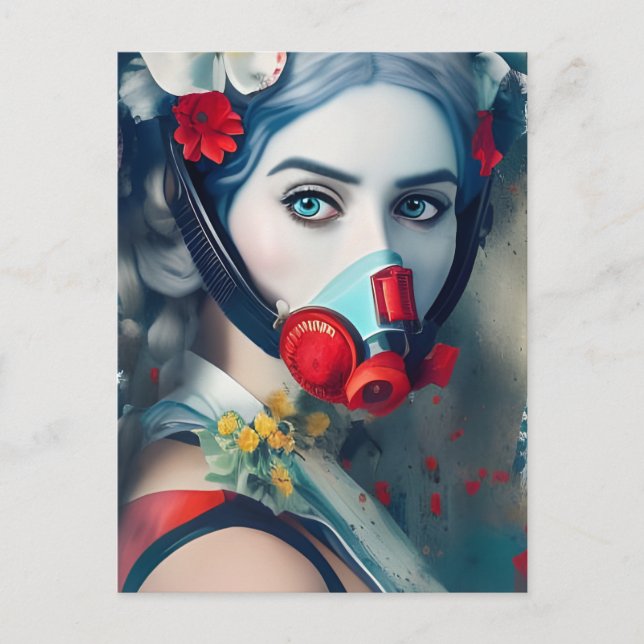Woman in a gas mask and Flowers Postcard (Front)
