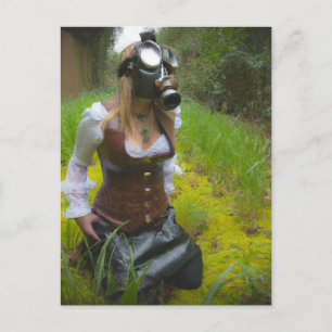 Woman in a Gas Mask in the Woods Postcard