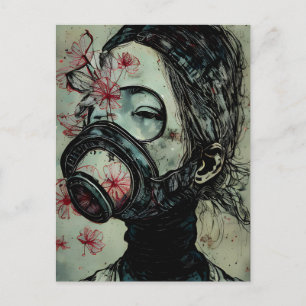 Woman in a Gas Mask With Flowers Postcard