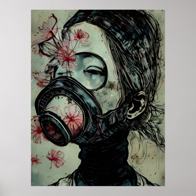 Woman in a Gas Mask With Flowers Poster (Front)