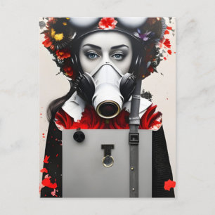 Woman in a Gas Mask With Red Flowers Postcard