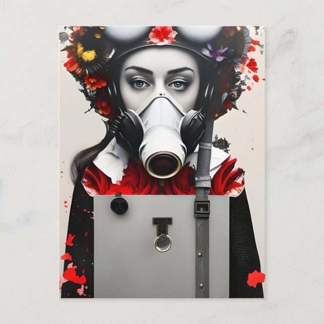 Woman in a Gas Mask With Red Flowers Postcard (Front)