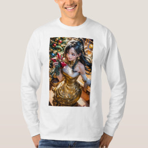 woman in a gold dress holding a red rose in front  T-Shirt
