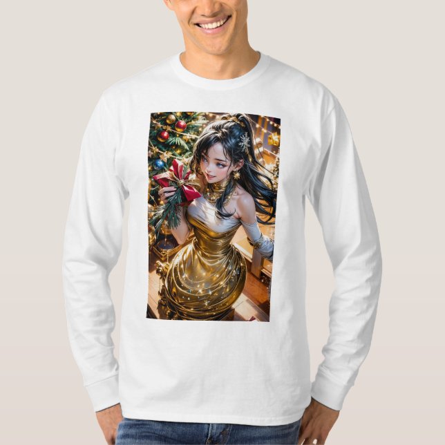 woman in a gold dress holding a red rose in front  T-Shirt (Front)