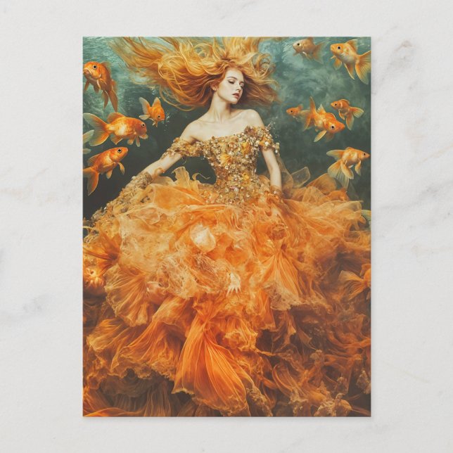 Woman in a GoldFish Dress Fashion Fantasy Postcard (Front)