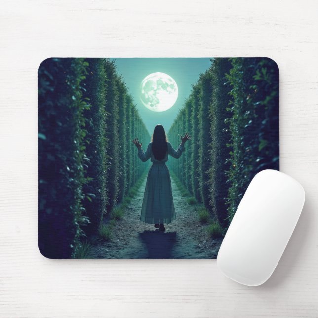 Woman In a Moonlit Tall Hedge Mouse Pad (With Mouse)