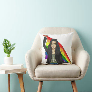 Woman in a Peace T-shirt With a Rainbow Flag LGBTQ Cushion