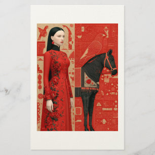 Woman in a red flowered dress & black horse stationery