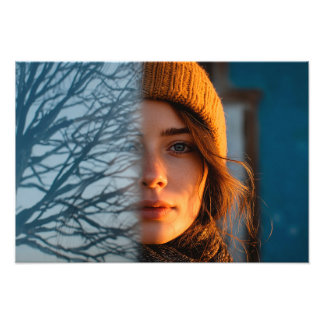 Woman in a stocking cap, winter lake photo print