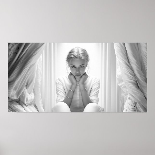 Woman in a studio with face in her hands B&W photo Poster (Front)